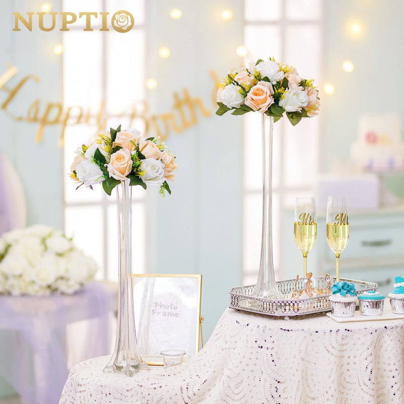 NUPTIO Artificial Flower Centerpieces for Tables: Peachy Champagne & White Flower Ball Arrangement for Wedding Party - 2 Pcs 9.5 Inch Diameter Floral Rose for Bridal Shower Decor - Image 4